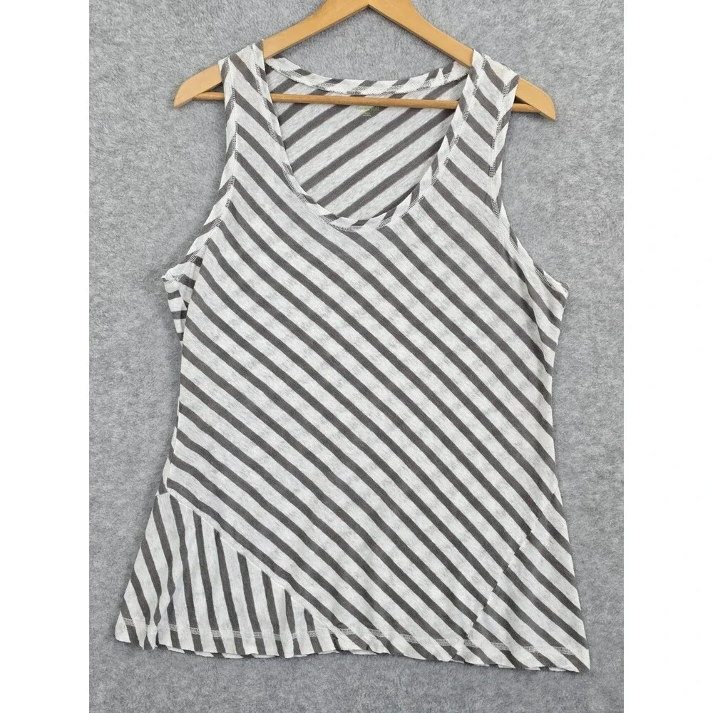 Garnet Hill Large Linen Gray White Asymetrical Stripe Sleeveless Tank Top Shirt